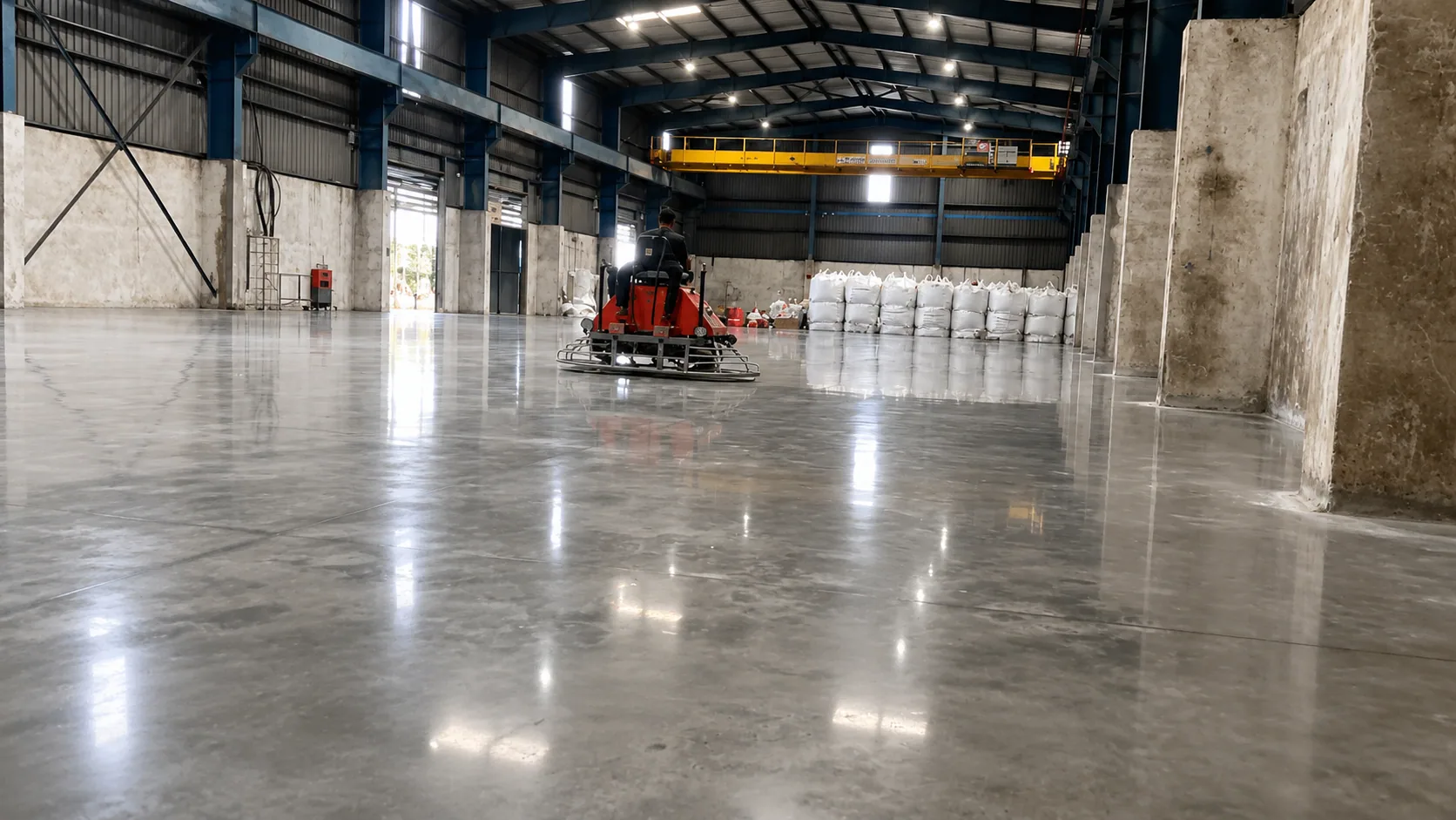 Polished warehouse floor finished with a ride-on trowel